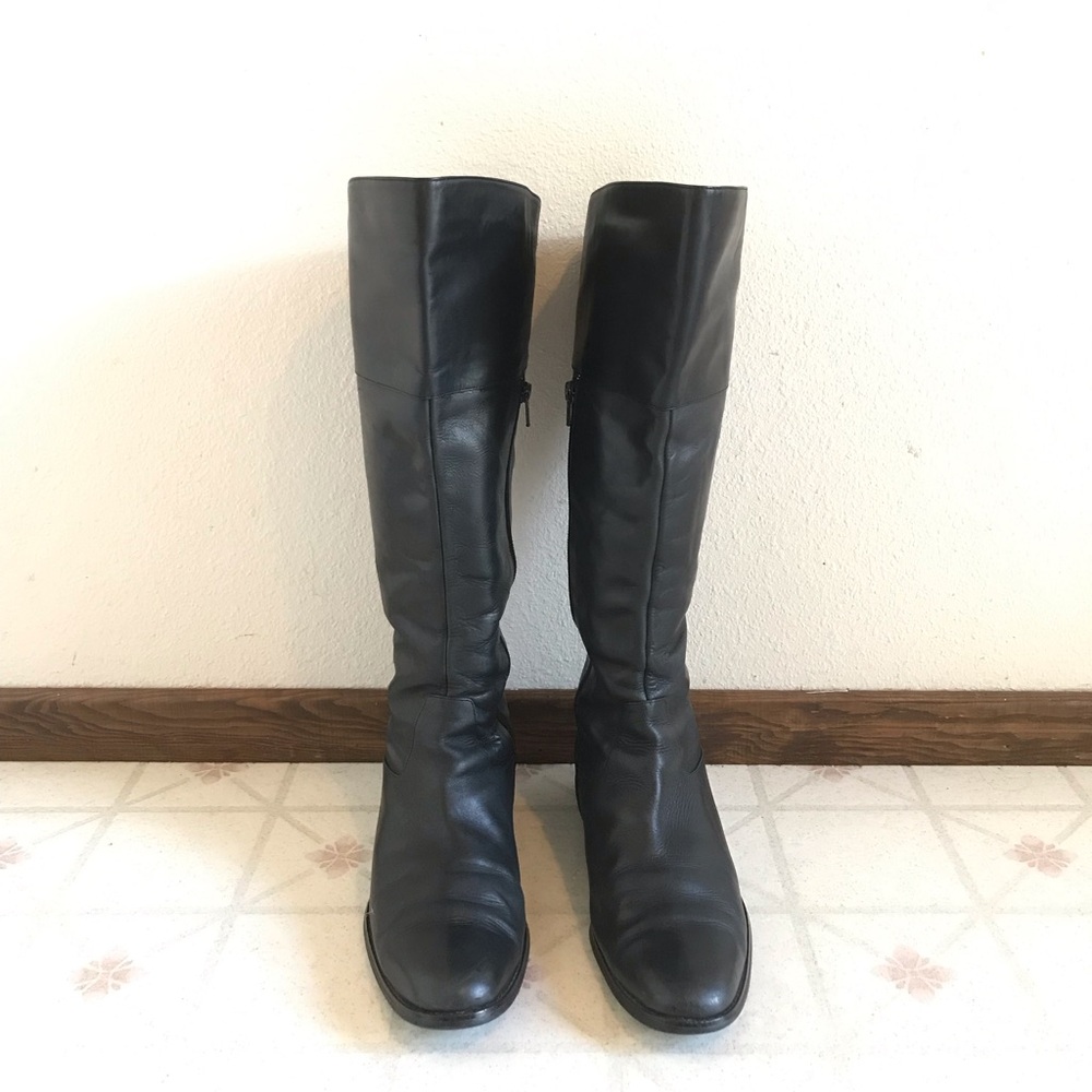 Vintage Black Leather Block Heel Knee High Boots - 9